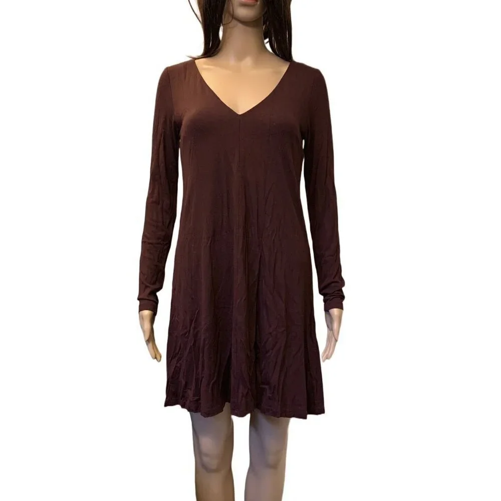 H&M Women's Dress Size S Burgundy Brown Fit & Flare V-Neck Long Sleeves GUC